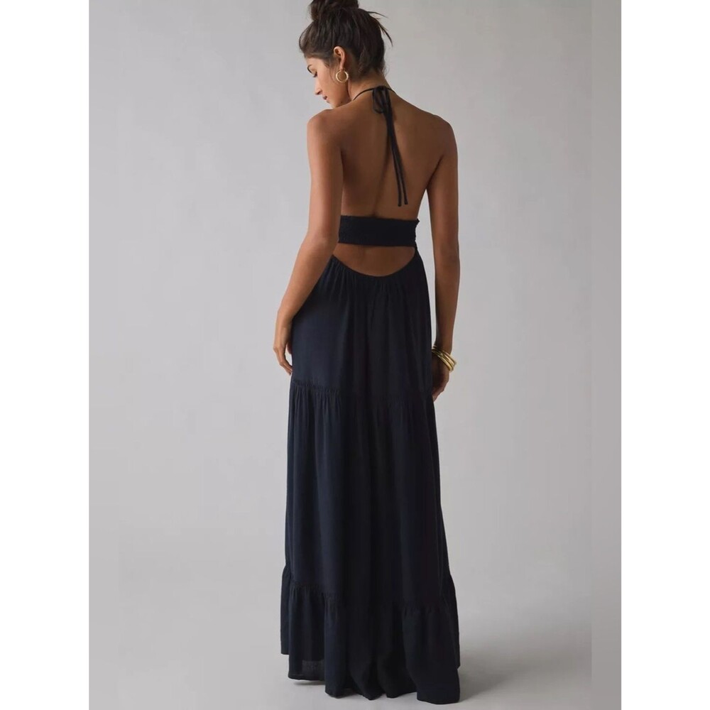 New Kimchi Blue Phoebe Open Back Halter Tiered Maxi Dress Rayon Black Sz S NWOT - Picture 3 of 10